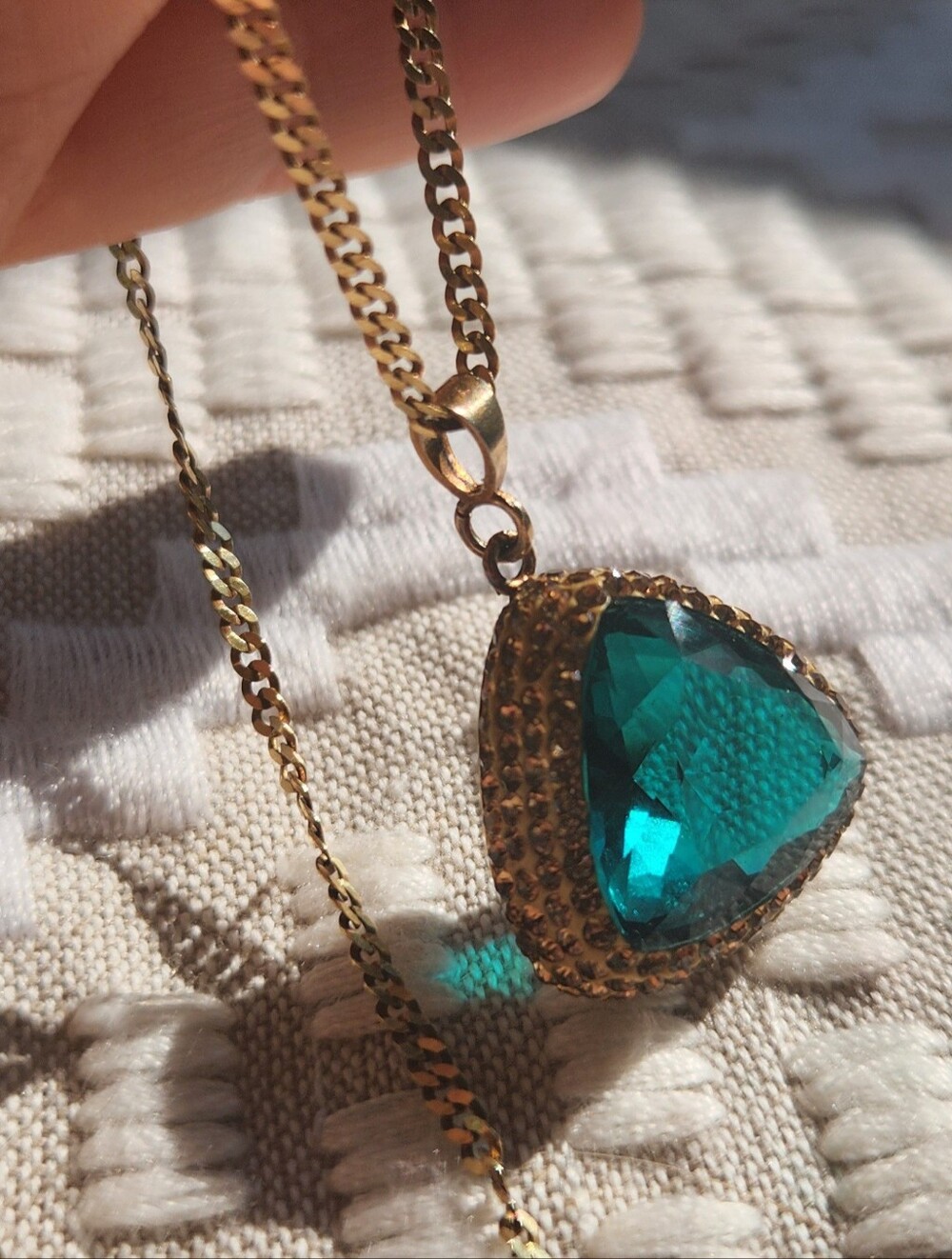 Womens ZEYZEY Geometric Triangle Blue Green Crystal Gold Necklace